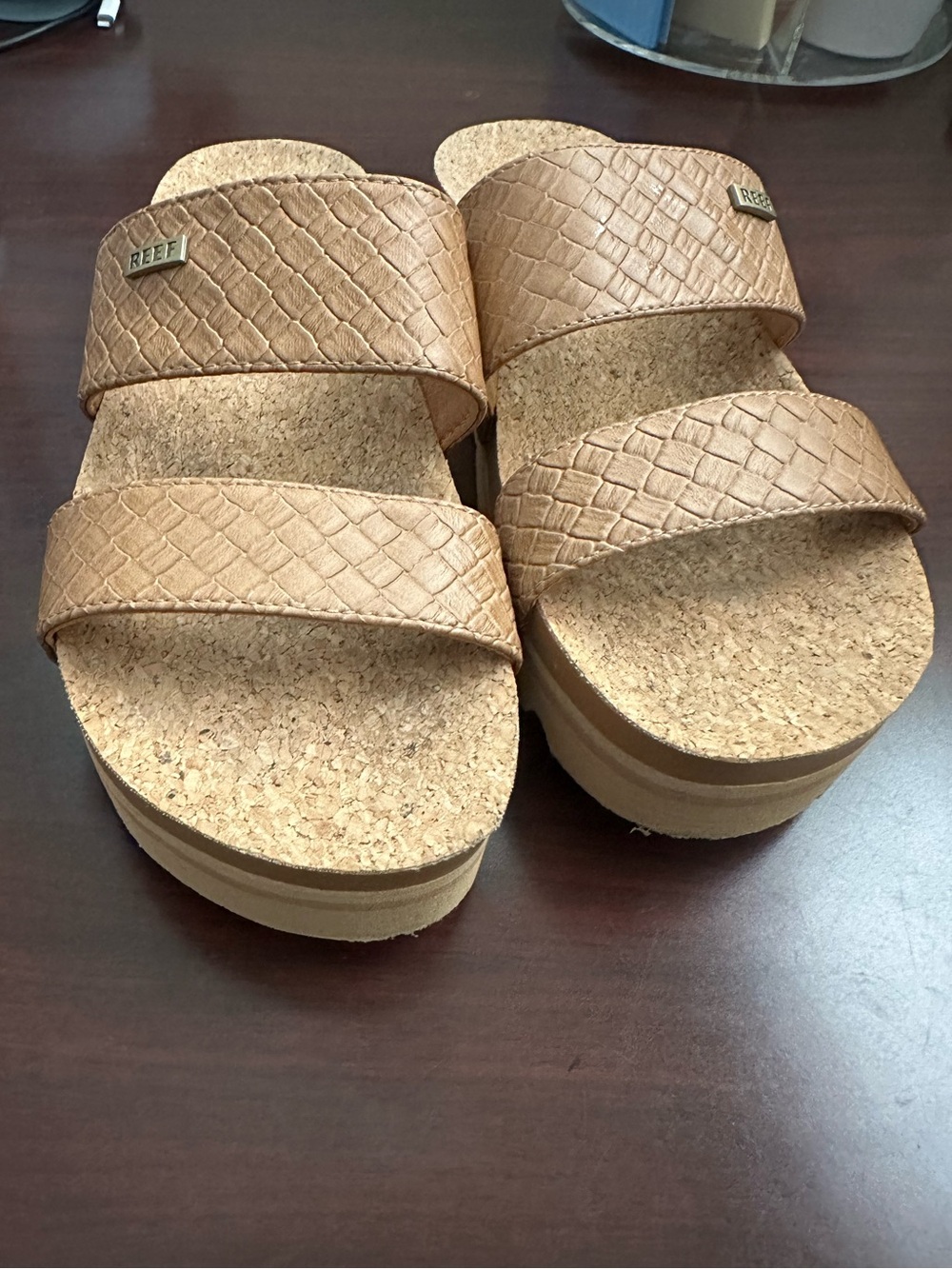 Reef Women's Double-Strap Cork Platform Slide in Tan Croc - HI platform sandals